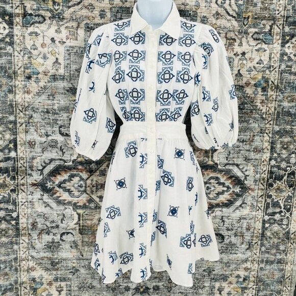 River Island Embroidered Mini Shirt Dress Size 8 Open Back Collard Button Up - Picture 1 of 16